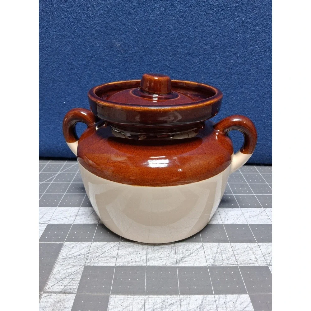 McCoy Bean Pot‎ Brown Cream Two Tone Stoneware Double Handle Lid 341 USA